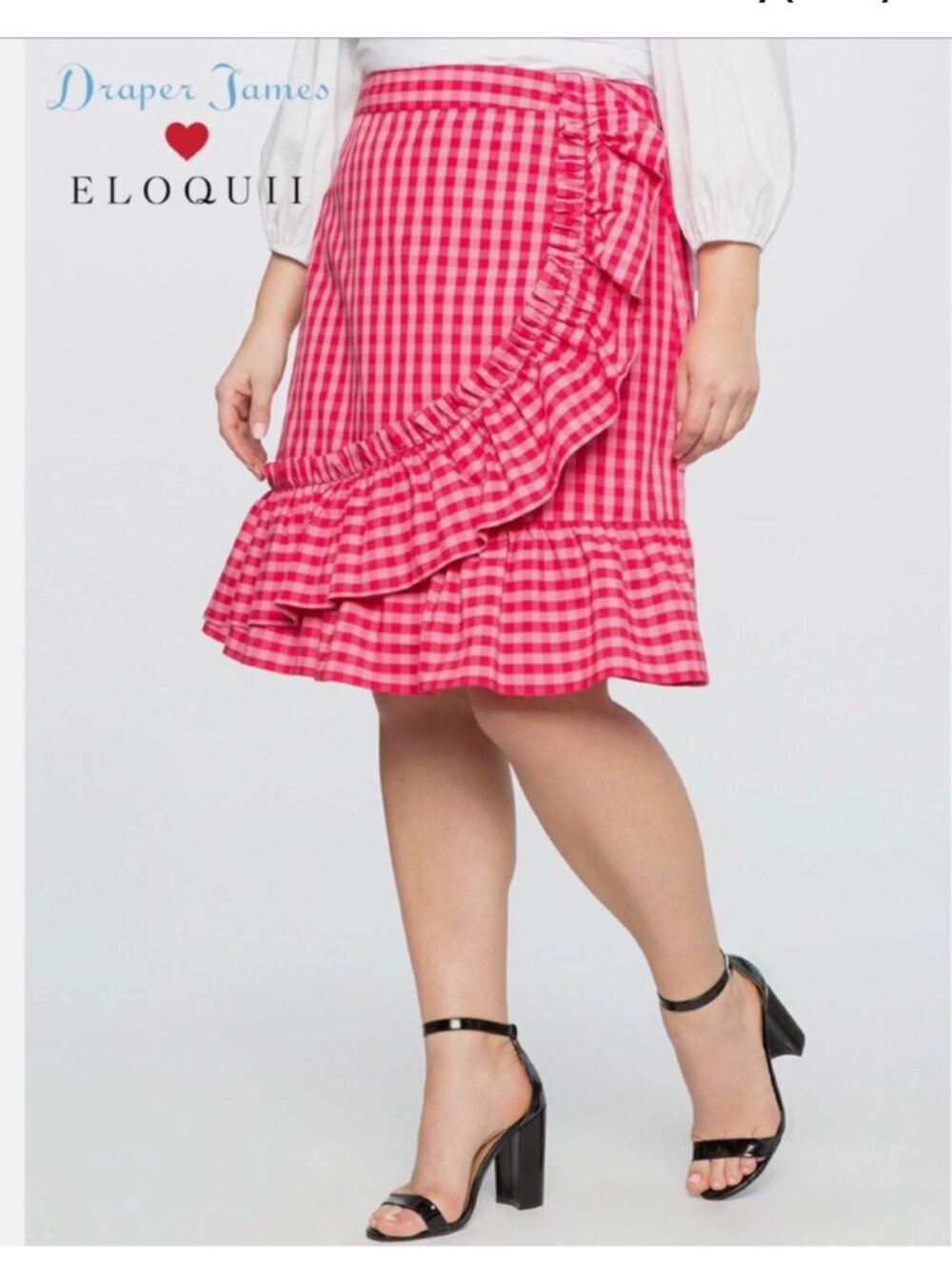 Draper James Skirt Sz 22 Gingham Pink Red Ruffle Faux Wrap Checker Reese Cotton